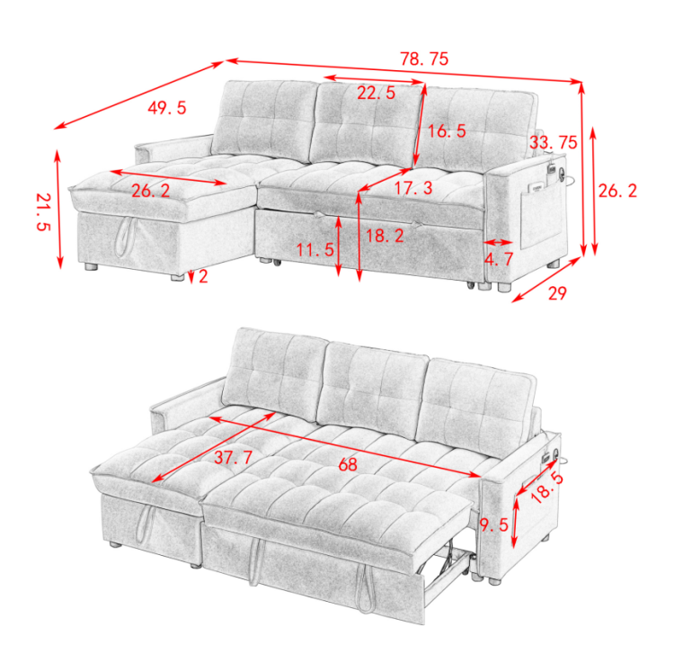 78.75" Reclining Sofa, Pull Out Sofa Bed With Usb And Tape C Charging Ports, L Shaped Sectional Sofa With Reclining Storage And Arm Side Organizer Pocket Features, Living Room Comfort Sofa