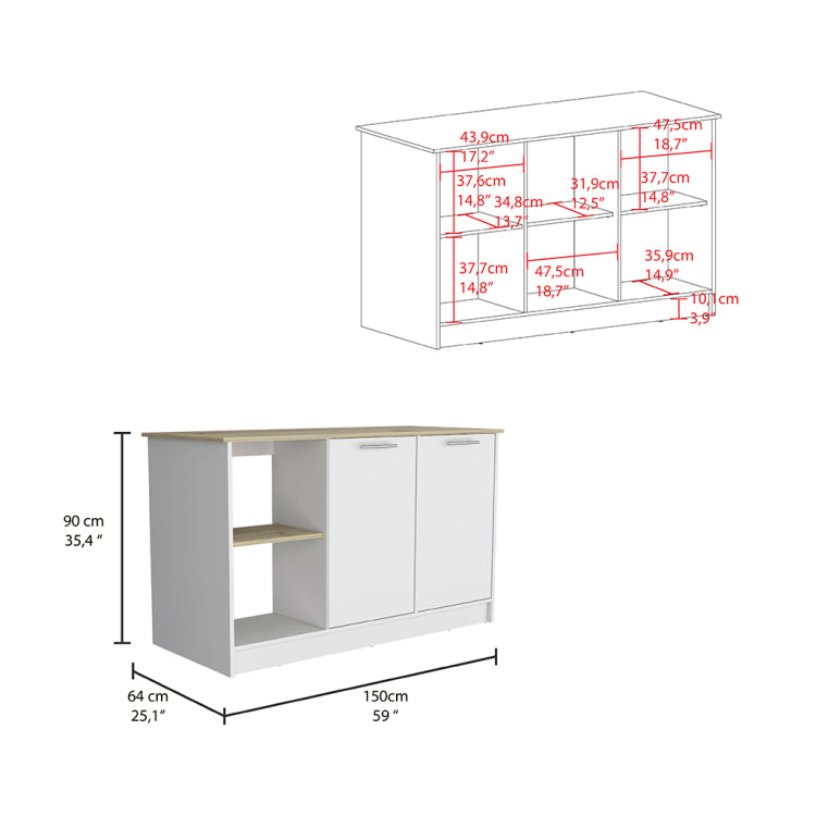 Juniper Kitchen Island, Four Open Shelves, Two Cabinets Light Oak White