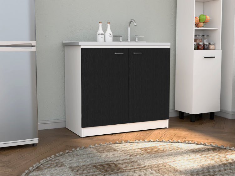 Napoles Utility Sink With Cabinet, Double Door, One Shelf White Black
