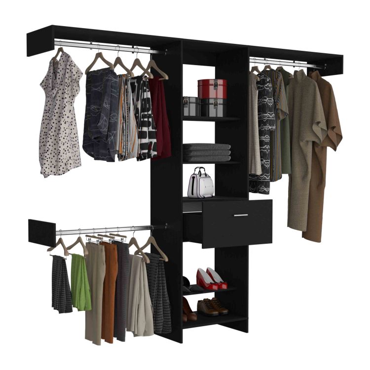 Manchester 250 Closet System, Five Open Shelves, One Drawer, Three Metal Rods Black