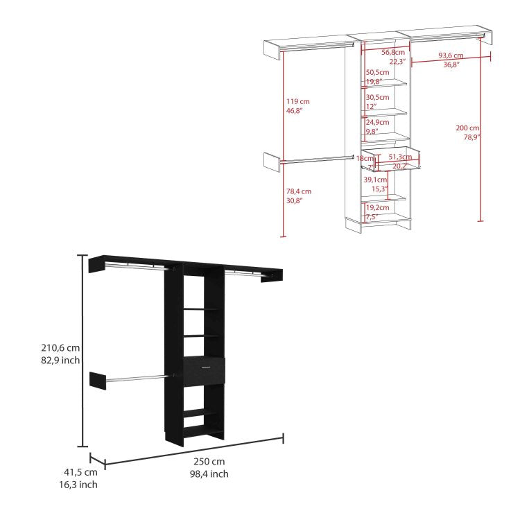Manchester 250 Closet System, Five Open Shelves, One Drawer, Three Metal Rods Black