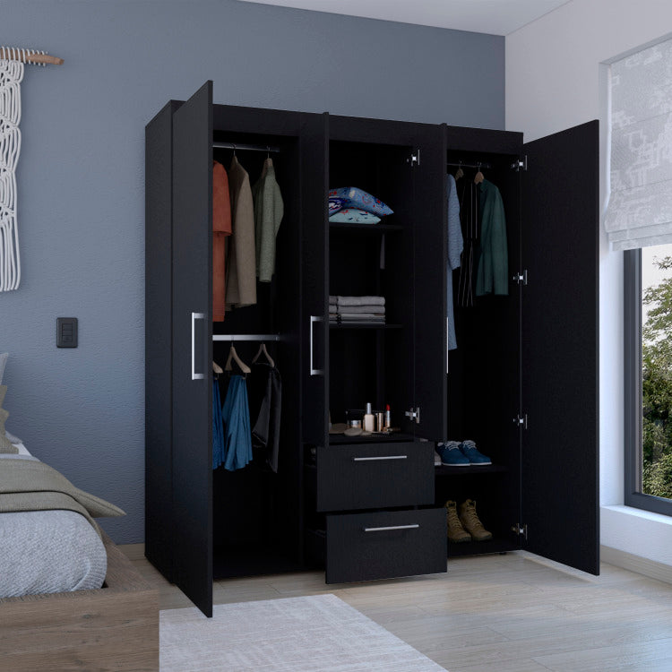 Wardrobe, Deluxe Armoire With Multiple Storage Options And Metal Accents, Black
