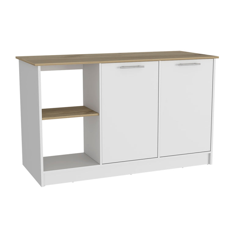 Juniper Kitchen Island, Four Open Shelves, Two Cabinets Light Oak White