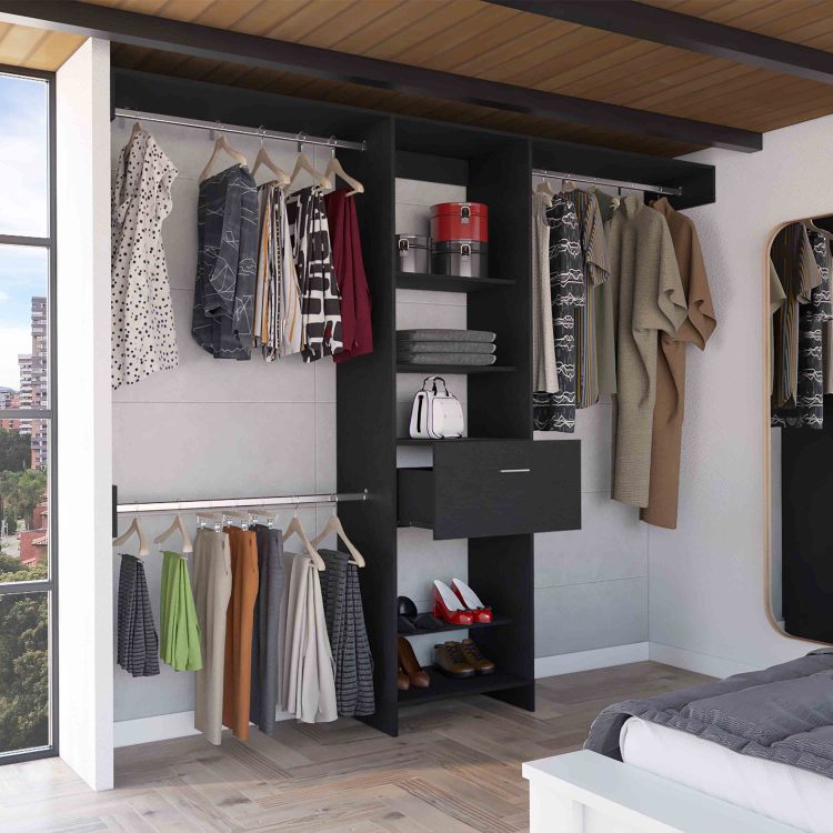 Manchester 250 Closet System, Five Open Shelves, One Drawer, Three Metal Rods Black