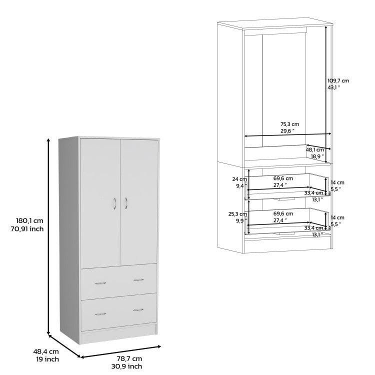 Taly Armoire With Double Doors, 2 Drawers, And Hanging Rod White