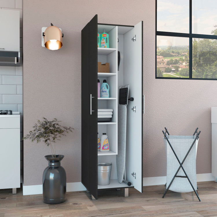 Nala Cleaning Cabinet, Double Door, Four Legs, Five Shelves Black White