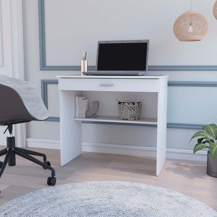 White Storage Desk With Drawer And Shelf