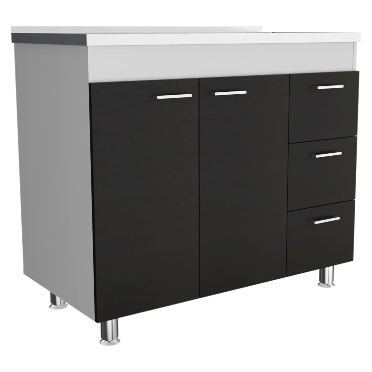 Ferretti Base Cabinet , Three Drawers, Double Door, Four Legs White Black
