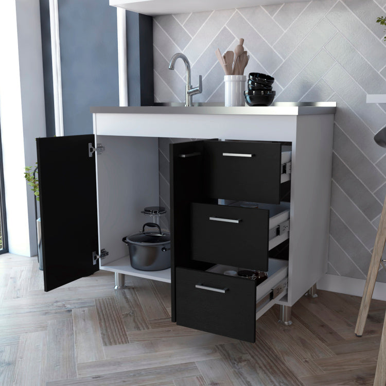 Ferretti Base Cabinet , Three Drawers, Double Door, Four Legs White Black