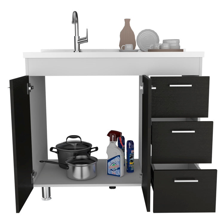 Ferretti Base Cabinet , Three Drawers, Double Door, Four Legs White Black