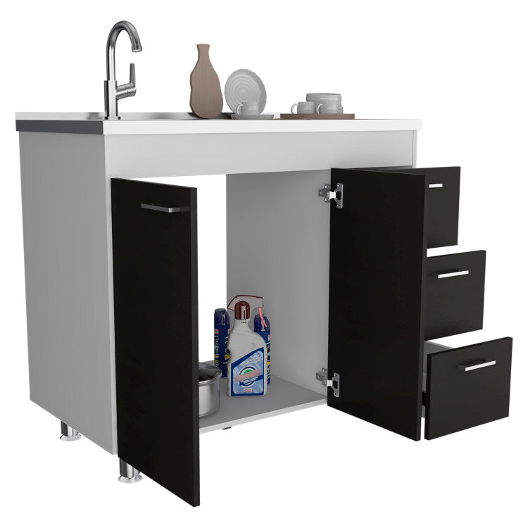 Ferretti Base Cabinet , Three Drawers, Double Door, Four Legs White Black
