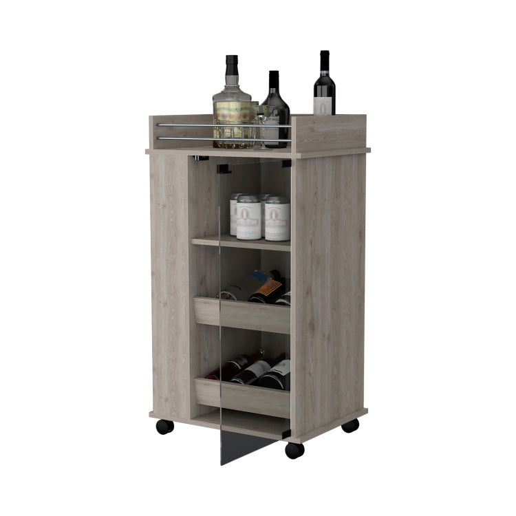 Lusk Bar Cart With 2 Bottle Holder Shelf, Glass Door And Casters