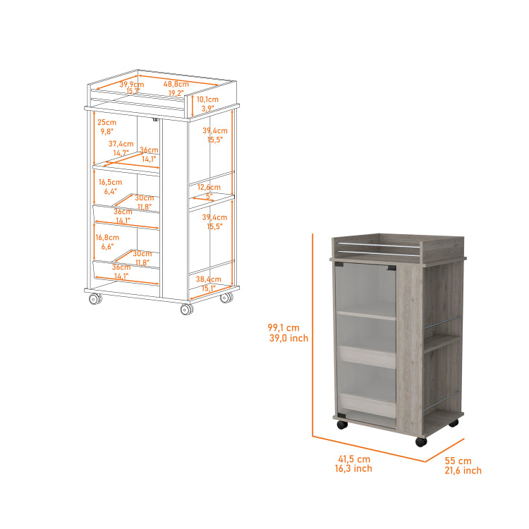 Lusk Bar Cart With 2 Bottle Holder Shelf, Glass Door And Casters