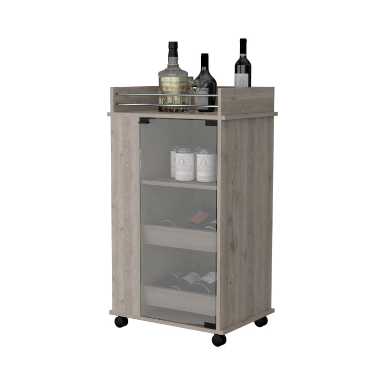 Lusk Bar Cart With 2 Bottle Holder Shelf, Glass Door And Casters
