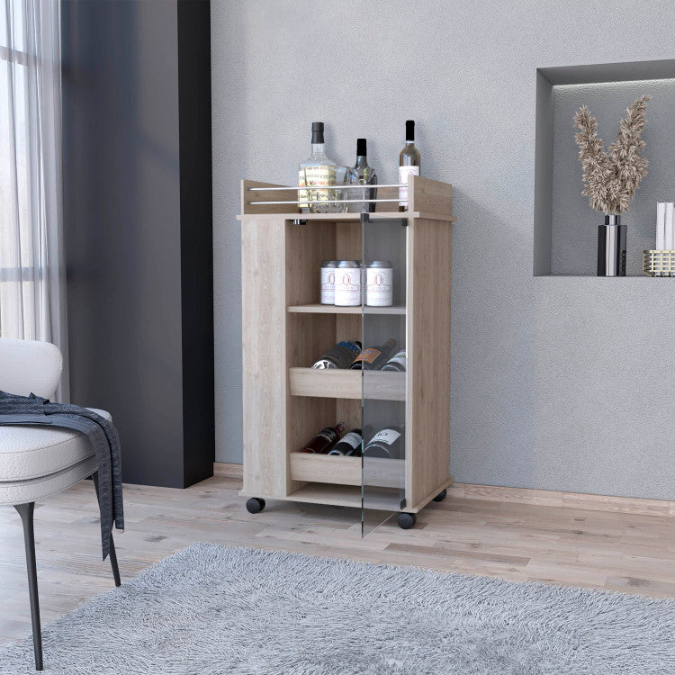 Lusk Bar Cart With 2 Bottle Holder Shelf, Glass Door And Casters