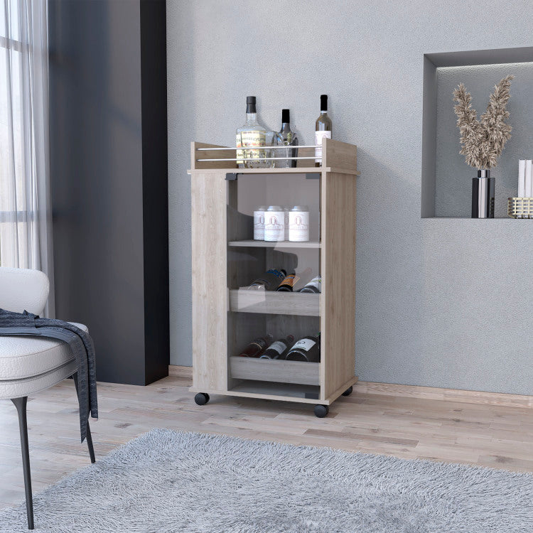 Lusk Bar Cart With 2 Bottle Holder Shelf, Glass Door And Casters