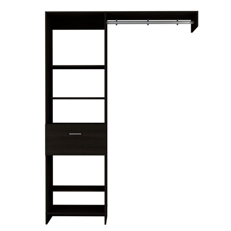 Manchester 150 Closet System, Metal Rod, Five Open Shelves, One Drawer Black