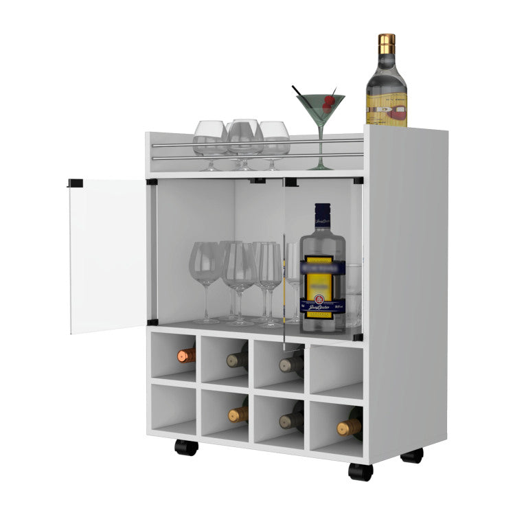 Minneapolis Bar Cart With Integrated 8 Bottle Rack, Glass Encased Cabinet And Aluminum Bar Top