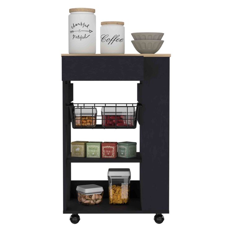 Blosson Kitchen Cart, One Drawer, Two Open Shelves, Four Casters Black Light Oak