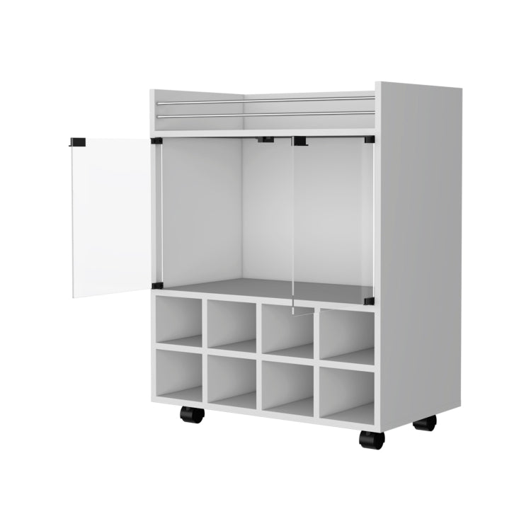 Minneapolis Bar Cart With Integrated 8 Bottle Rack, Glass Encased Cabinet And Aluminum Bar Top