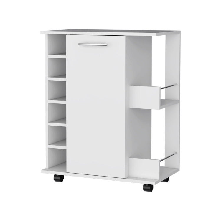 Newport Bar Cart With Casters, 6 Built In Rack And 2 Open Shelves
