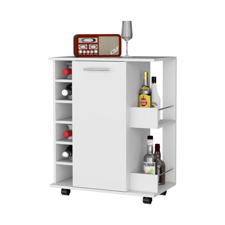 Newport Bar Cart With Casters, 6 Built In Rack And 2 Open Shelves