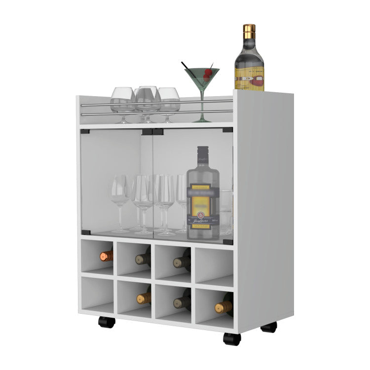 Minneapolis Bar Cart With Integrated 8 Bottle Rack, Glass Encased Cabinet And Aluminum Bar Top