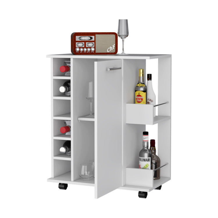 Newport Bar Cart With Casters, 6 Built In Rack And 2 Open Shelves