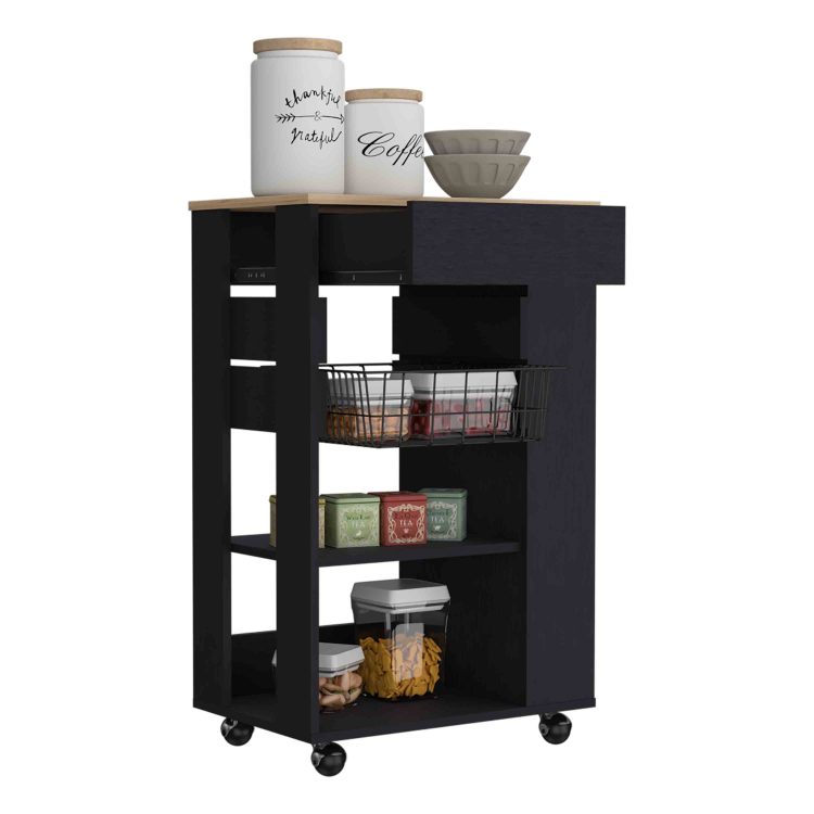Blosson Kitchen Cart, One Drawer, Two Open Shelves, Four Casters Black Light Oak