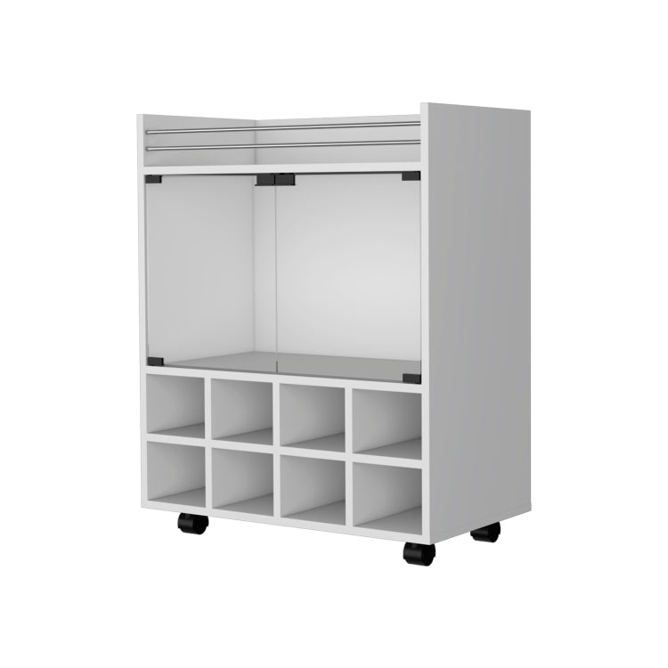 Minneapolis Bar Cart With Integrated 8 Bottle Rack, Glass Encased Cabinet And Aluminum Bar Top