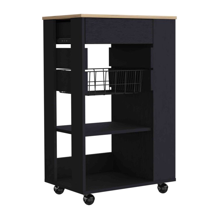 Blosson Kitchen Cart, One Drawer, Two Open Shelves, Four Casters Black Light Oak