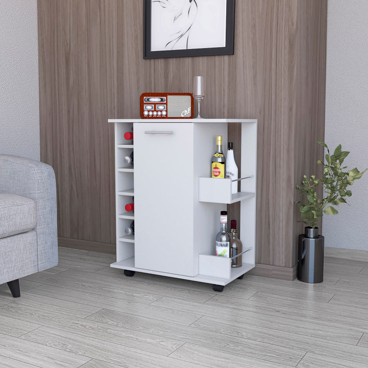 Newport Bar Cart With Casters, 6 Built In Rack And 2 Open Shelves