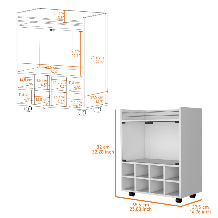 Minneapolis Bar Cart With Integrated 8 Bottle Rack, Glass Encased Cabinet And Aluminum Bar Top
