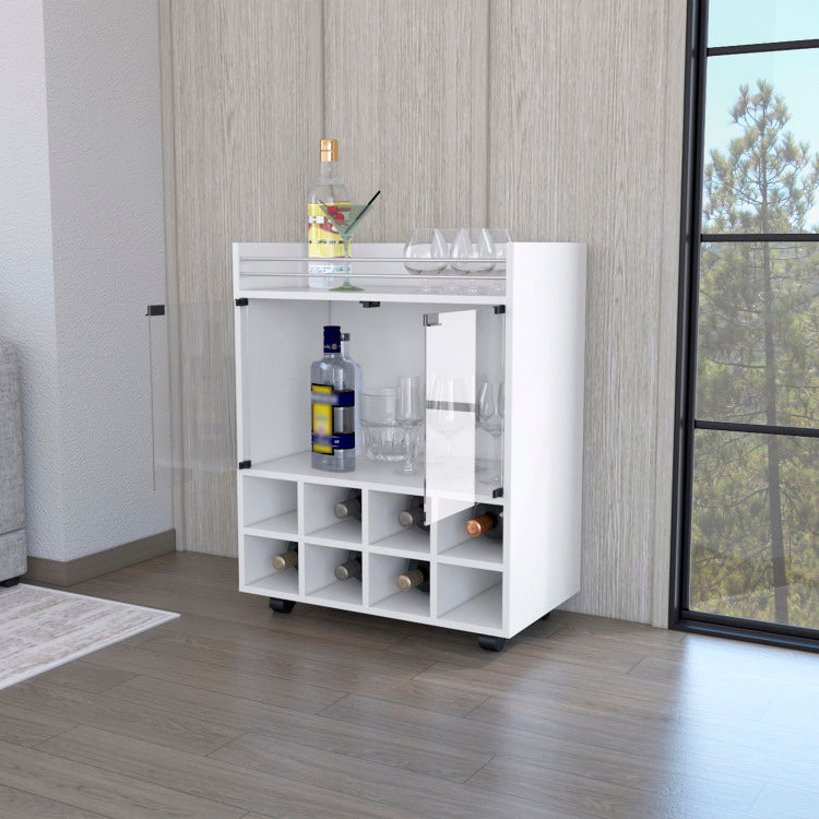 Minneapolis Bar Cart With Integrated 8 Bottle Rack, Glass Encased Cabinet And Aluminum Bar Top