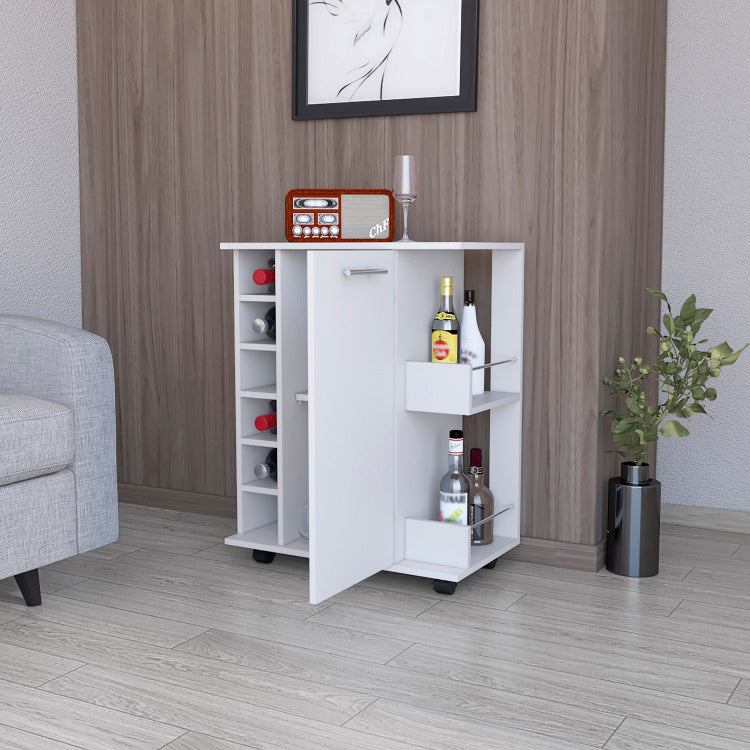 Newport Bar Cart With Casters, 6 Built In Rack And 2 Open Shelves