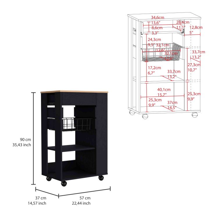 Blosson Kitchen Cart, One Drawer, Two Open Shelves, Four Casters Black Light Oak