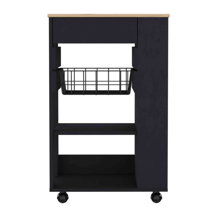Blosson Kitchen Cart, One Drawer, Two Open Shelves, Four Casters Black Light Oak