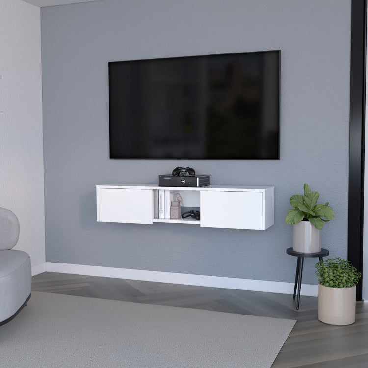 Tabor Floating Tv Stand, Wall Unit With 2 Doors And Open Shelf
