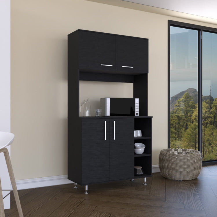 95 Pantry Kit, Four Legs, Double Door Cabinet, Three Shelves Black