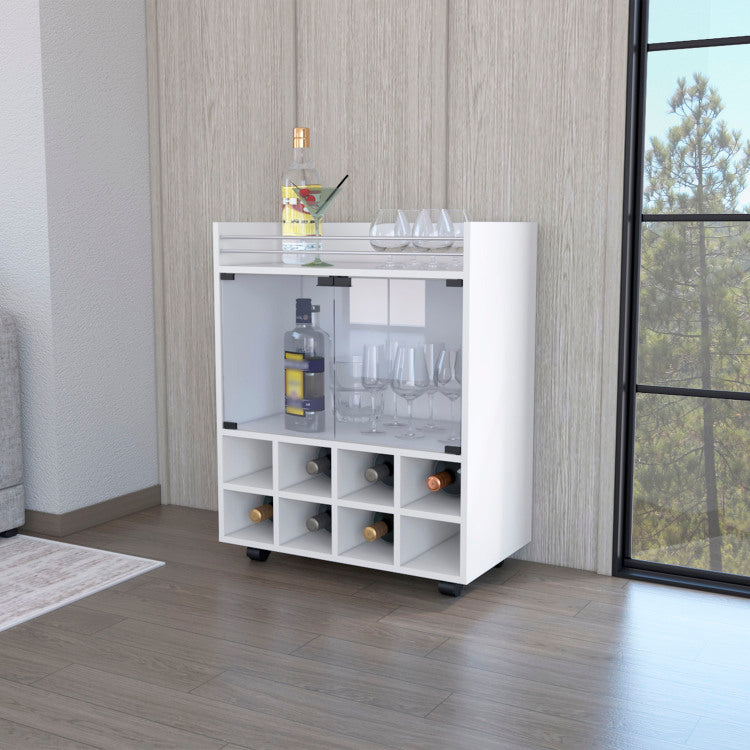 Minneapolis Bar Cart With Integrated 8 Bottle Rack, Glass Encased Cabinet And Aluminum Bar Top
