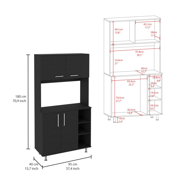 95 Pantry Kit, Four Legs, Double Door Cabinet, Three Shelves Black