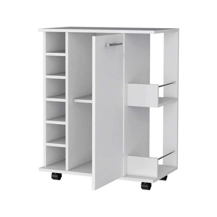 Newport Bar Cart With Casters, 6 Built In Rack And 2 Open Shelves