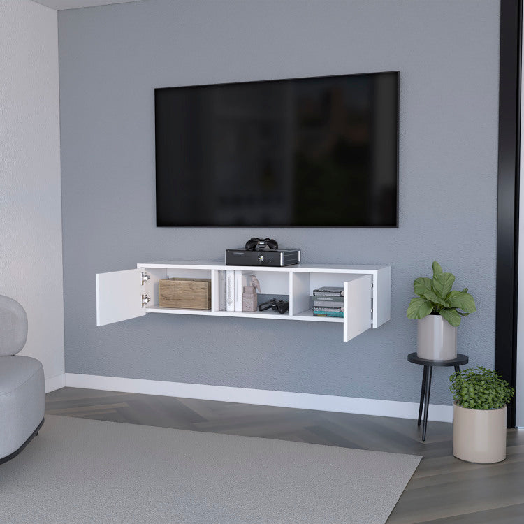 Tabor Floating Tv Stand, Wall Unit With 2 Doors And Open Shelf
