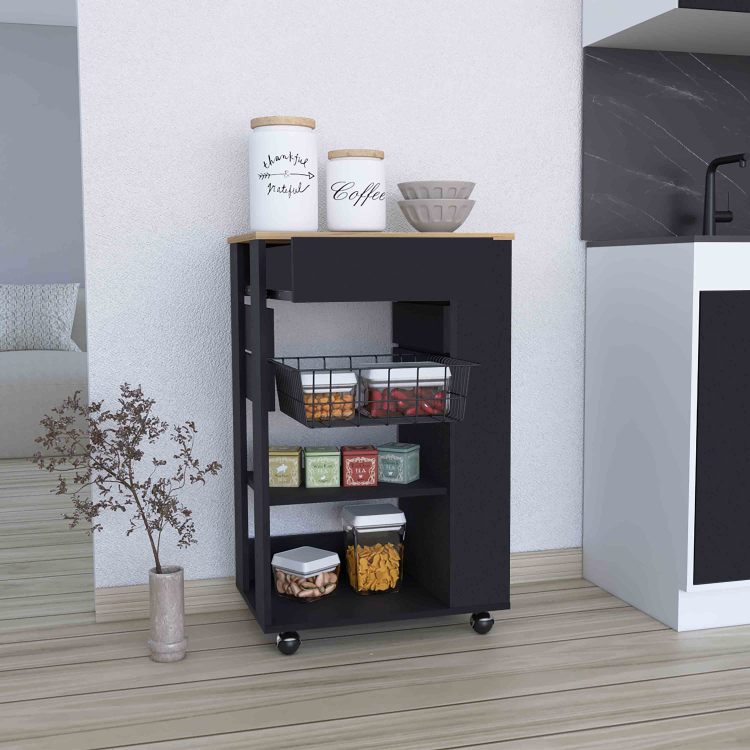 Blosson Kitchen Cart, One Drawer, Two Open Shelves, Four Casters Black Light Oak