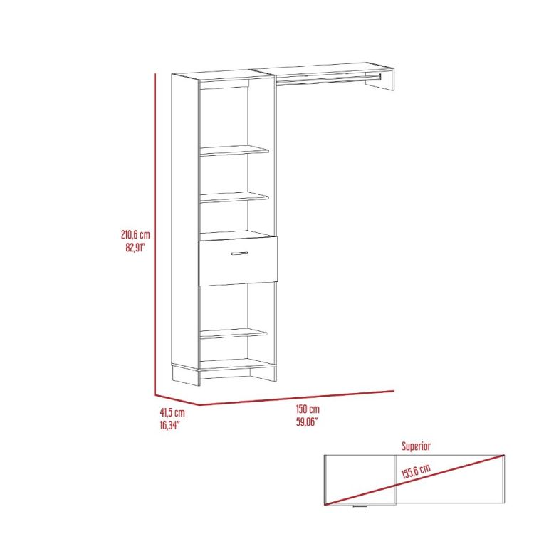Manchester 150 Closet System, Metal Rod, Five Open Shelves, One Drawer Black