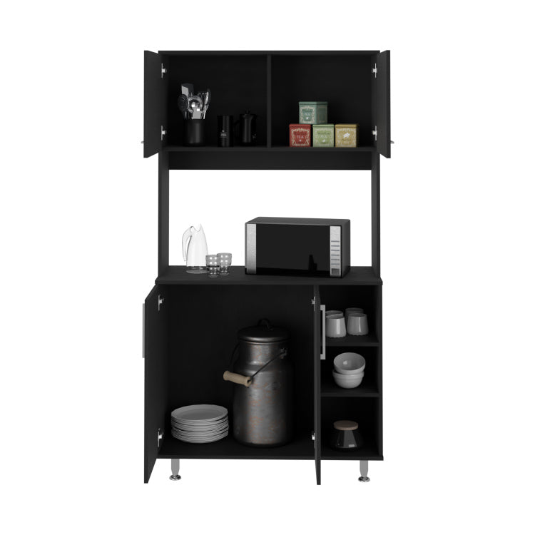 95 Pantry Kit, Four Legs, Double Door Cabinet, Three Shelves Black