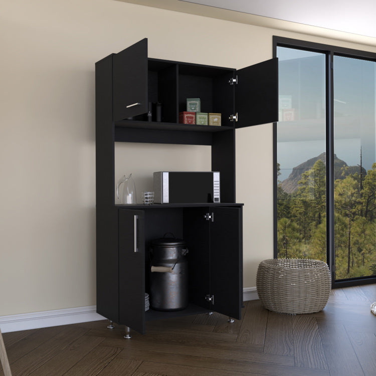 95 Pantry Kit, Four Legs, Double Door Cabinet, Three Shelves Black