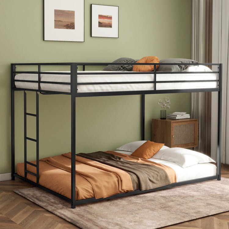 Adam Sturdy Full Over Full Bunk Bed Metal Black For Kids And Adult, Low Profile Full Over Full Bunk Bed With Ladder And Guardrails, Easy Climbing, Beds For Bedroom
