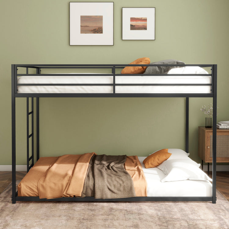 Adam Sturdy Full Over Full Bunk Bed Metal Black For Kids And Adult, Low Profile Full Over Full Bunk Bed With Ladder And Guardrails, Easy Climbing, Beds For Bedroom