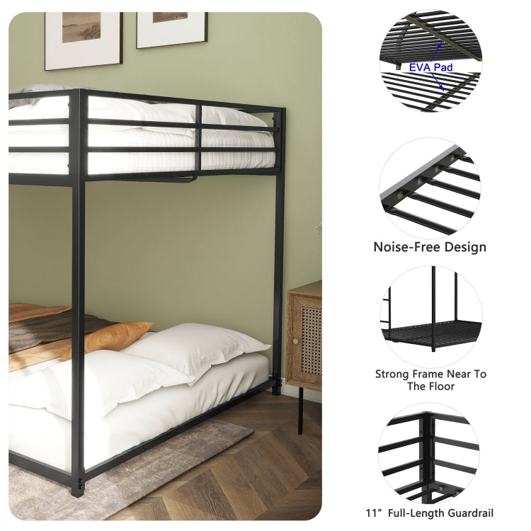 Adam Sturdy Full Over Full Bunk Bed Metal Black For Kids And Adult, Low Profile Full Over Full Bunk Bed With Ladder And Guardrails, Easy Climbing, Beds For Bedroom